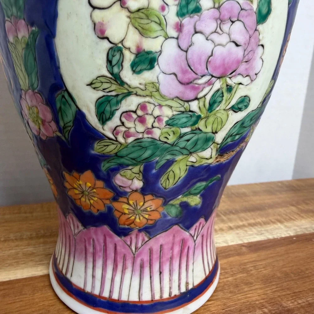 Chinese Vase Famille Rose Floral Cobalt Blue Qianlong Style Chinoiserie